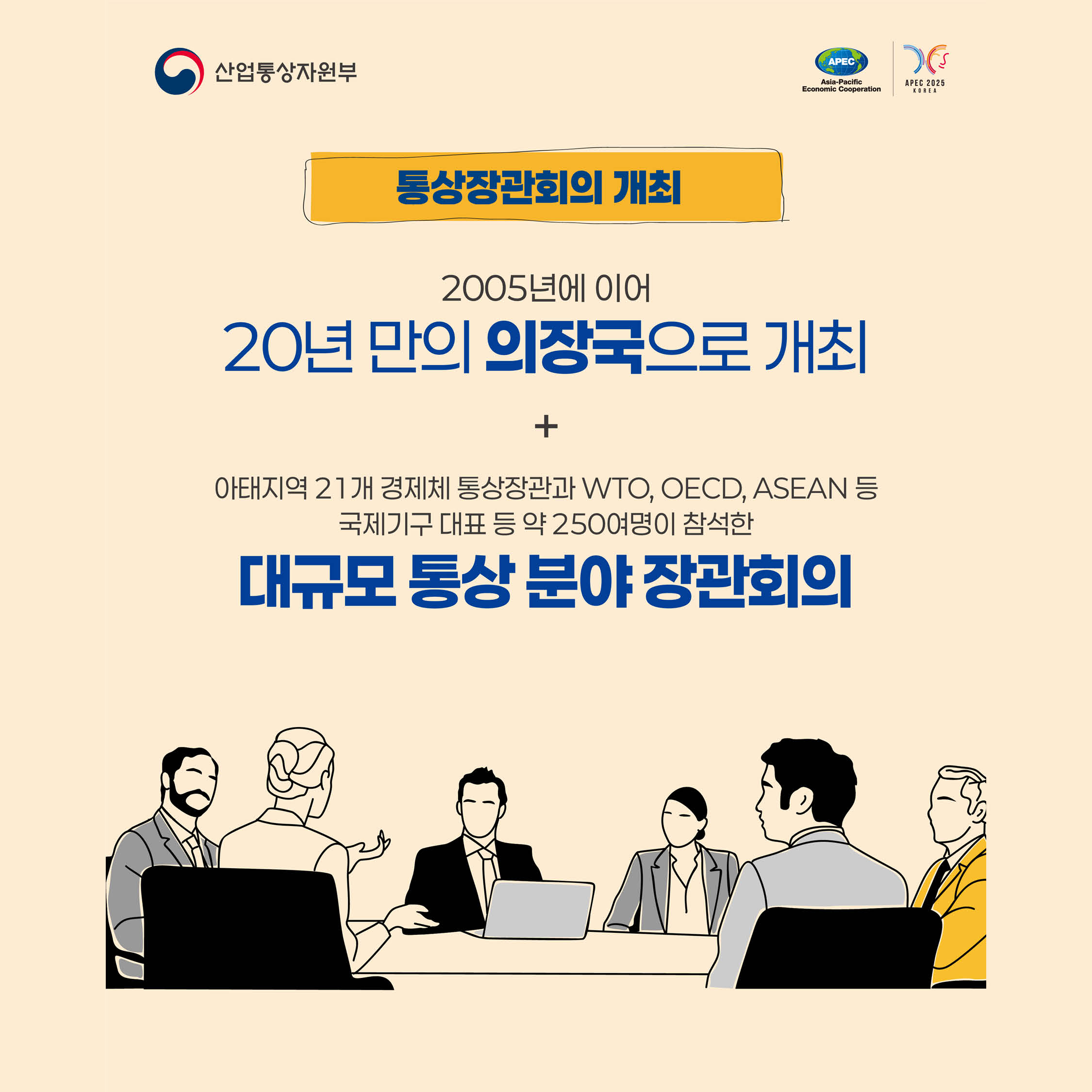 통상장관회의 개최


2005년에 이어
20년 만의 의장국으로 개최
+
아태지역 21개 경제체 통상장관과 WTO, OECD, ASEAN 등 국제기구 대표 등 약 250여명이 참석한
대규모 통상 분야 장관회의,공동선언문 주요 내용
WTO의 중요성
WTO의 중요성, 역할에 대한 APEC 회원 간 공동 인식 재확인
Al 통상 협력
통관 절차 AI 도입 확대, AI 표준 및 기술 정보 공유 활성화 등
Al 통상 협력 초석 마련
지속가능한 공급망 구축
글로벌 충격과 기후위기 대응이 가능한 공급망 구축 협력 합의
