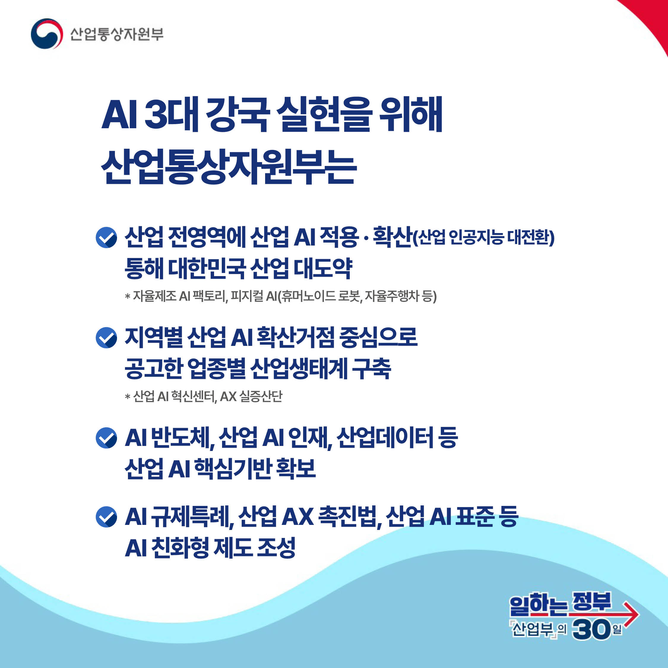 산업통상자원부

AI 3대 강국 실현을 위해 산업통상자원부는

산업 전영역에 산업 AI 적용 · 확산(산업 인공지능 대전환) 통해 대한민국 산업 대도약
* 자율제조 AI 팩토리, 피지컬 AI(휴머노이드 로봇, 자율주행차 등)   지역별 산업 AI 확산거점 중심으로
공고한 업종별 산업생태계 구축
* 산업 AI 혁신센터, AX 실증산단 AI 반도체, 산업 AI 인재, 산업데이터 등
산업 AI 핵심기반 확보 AI 규제특례, 산업 AX 촉진법, 산업 AI 표준 등
AI 친화형 제도 조성

일하는 정부 산업부의 30일
