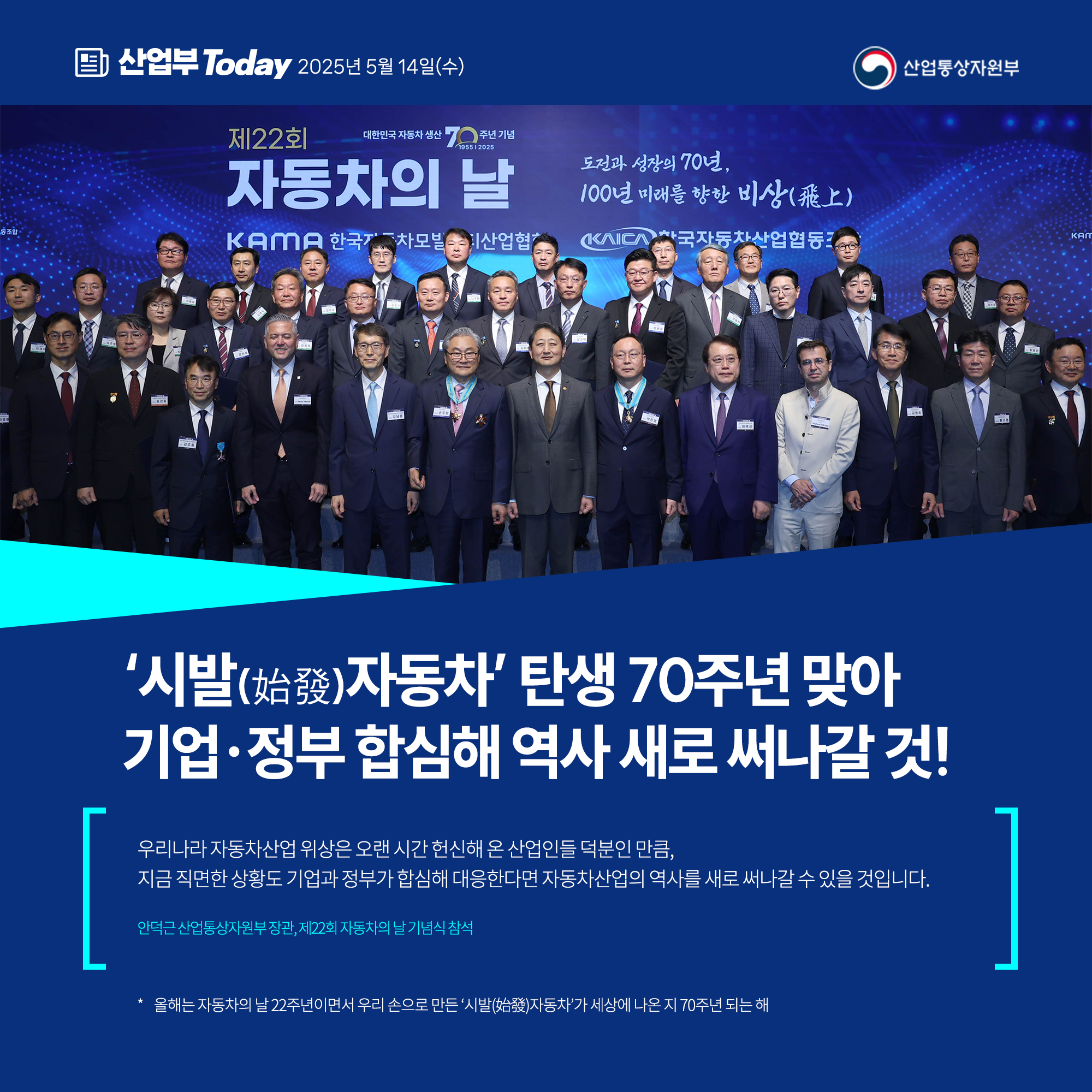 [‘시발(始發)자동차’ 탄생 70주년 맞아 기업·정부 합심해 자동차 역사 새로 써나갈 것!]

“우리나라 자동차산업 위상은 오랜 시간 헌신해 온 산업인들 덕분인 만큼, 지금 직면한 상황도 기업과 정부가 합심해 대응한다면 자동차산업의 역사를 새로 써나갈 수 있을 것입니다.”

안덕근 산업통상자원부 장관, 제22회 자동차의 날 기념식 참석
산업통상자원부