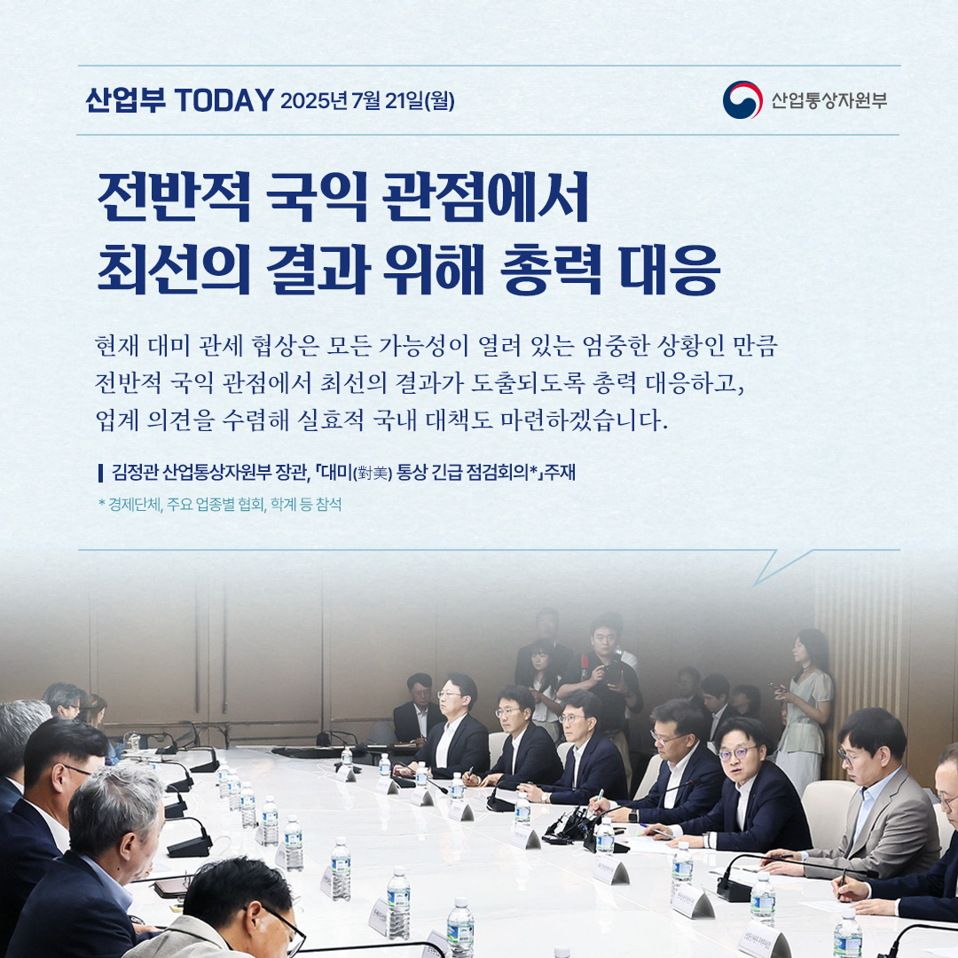 산업부 투데이 2025년 7월21일
[전반적 국익 관점에서 최선의 결과 위해 총력 대응]

“현재 대미 관세 협상은 모든 가능성이 열려 있는 엄중한 상황인 만큼 전반적 국익 관점에서 최선의 결과가 도출되도록 총력 대응하고, 업계 의견을 수렴해 실효적 국내 대책도 마련하겠습니다.”

김정관 산업통상자원부 장관, 「대미(對美) 통상 긴급 점검회의」주재
*경제단체, 주요 업종별 협회, 학계 등 참석
산업통상자원부