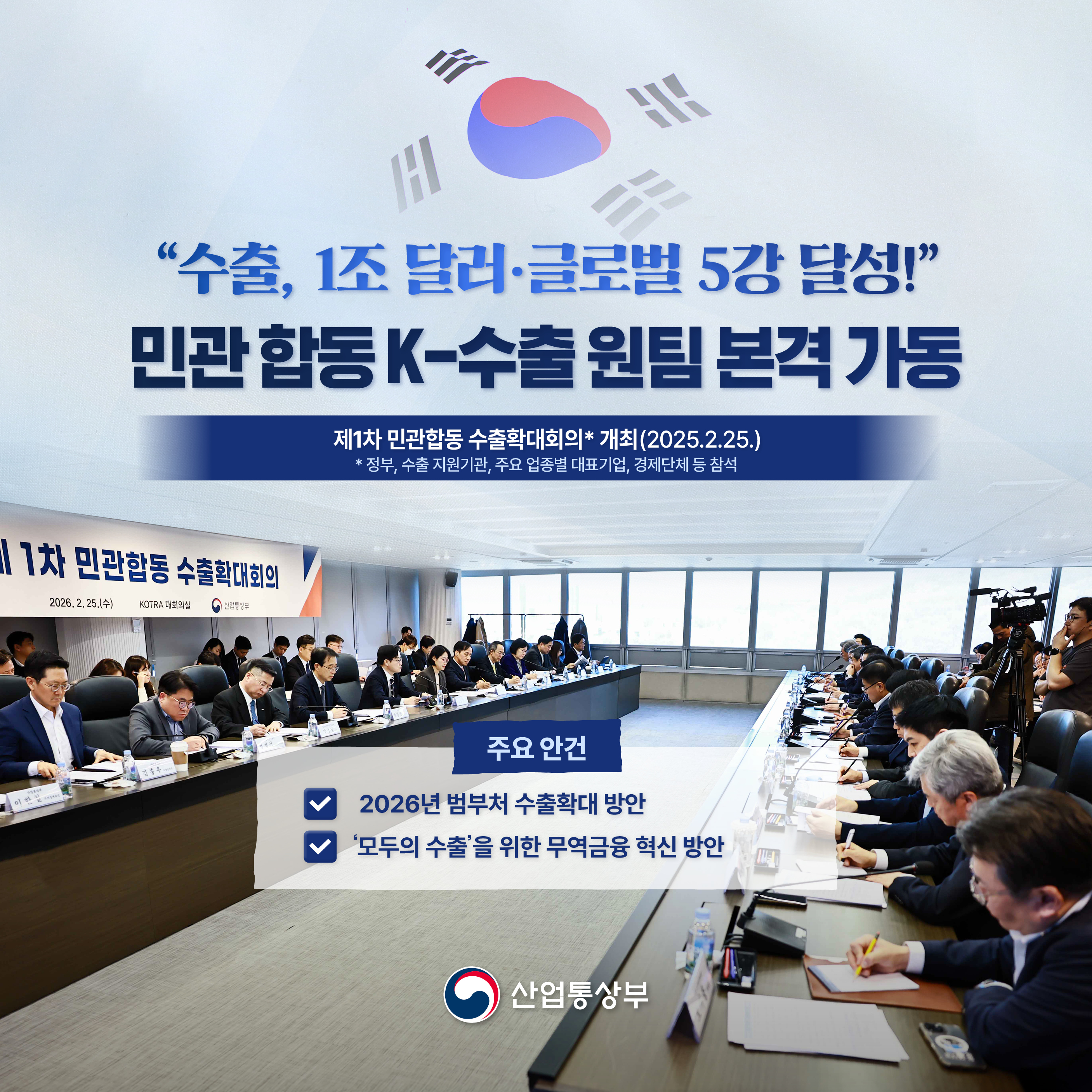 “수출, 1조 달러‧글로벌 5강 달성!”
민관 합동 K-수출 원팀 본격 가동!

제1차 민관합동 수출확대회의* 개최(2025.2.25.)
* 정부, 수출 지원기관, 주요 업종별 대표기업, 경제단체 등 참석

주요 안건
√ 2026년 범부처 수출확대 방안
√ ‘모두의 수출’을 위한 무역금융 혁신 방안

산업통상부