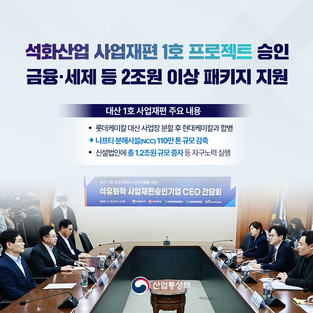 석화산업 사업재편 1호 프로젝트 승인 금융·세제 등 2조원 이상 패키지 지원